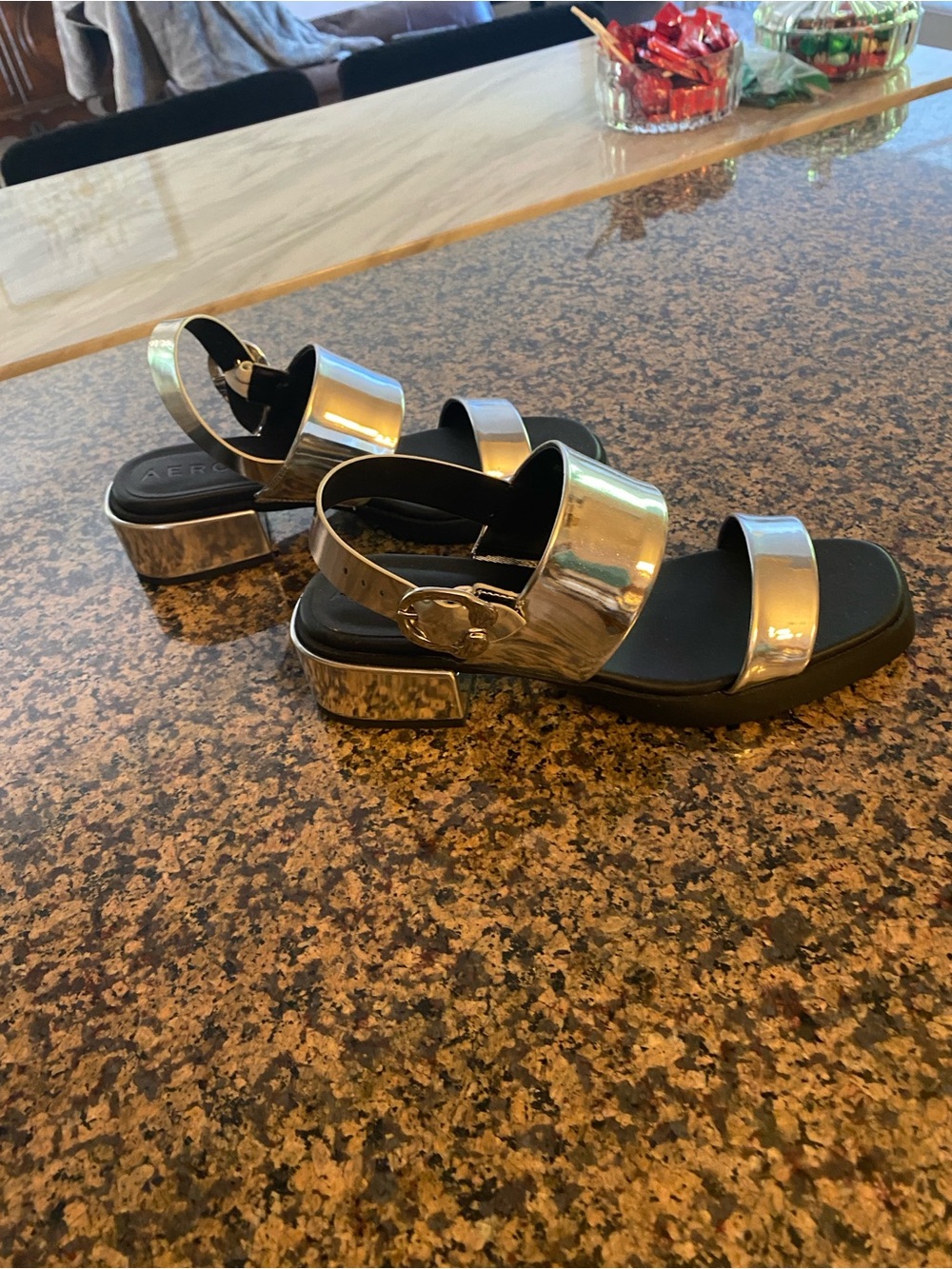 AEROSOLES Silver Metallic Low Block Heel Sandals “Dove”